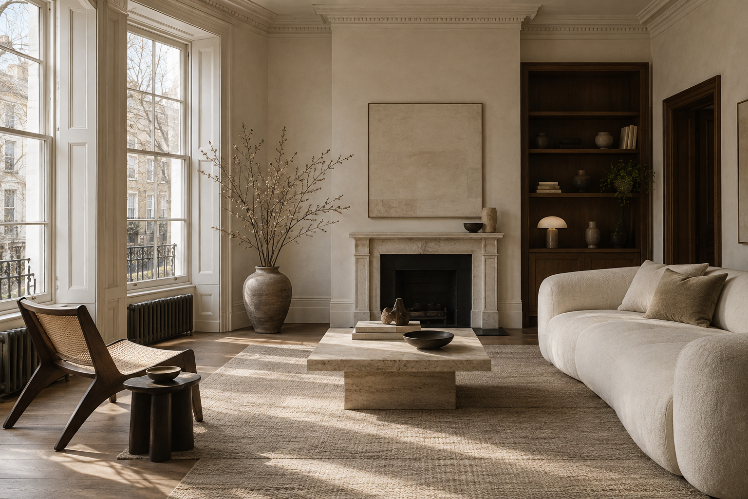 Living room with pale linen seating, stone and warm oak